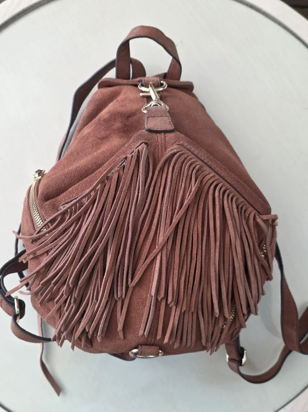 $348 Rebecca Minkoff Julian Fringe Backpack Brown Suede Concert Boho